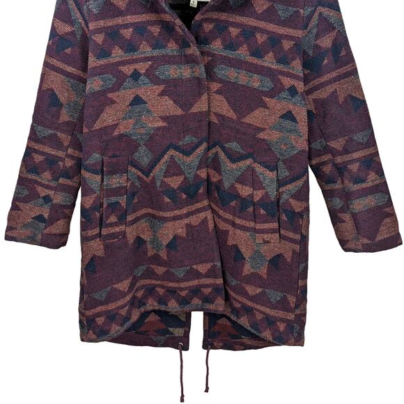 BB Dakota Aztec Fur Trim Coat Blanket Southwestern Dusty Parka Winter Jacket S - Picture 5 of 12